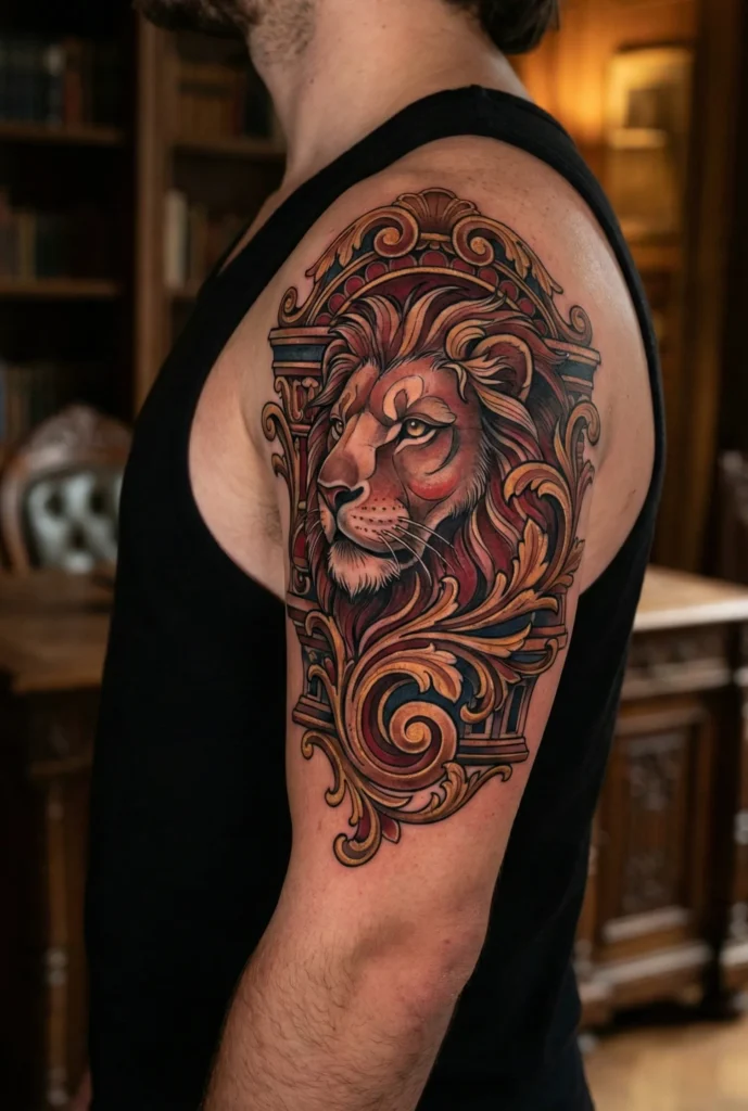 Neo Traditional Lion Tattoo with Baroque Ornamental Details
