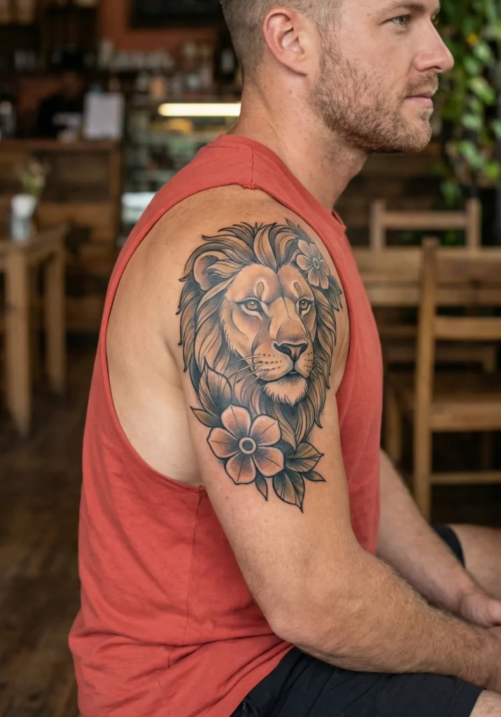 Neo Traditional Lion Tattoo with Bold Outlines and Soft Shading