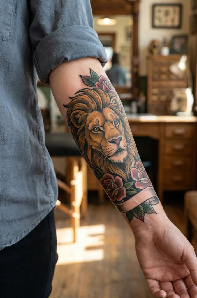 Neo Traditional Lion Tattoo with Classic Tattoo Aesthetic