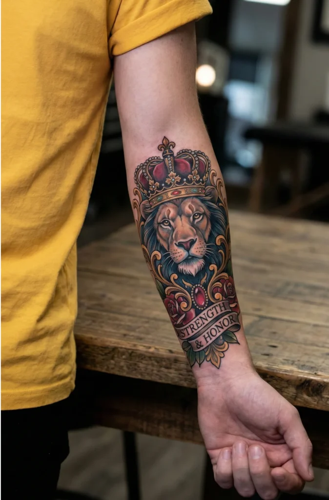 Neo Traditional Lion Tattoo with Crown and Decorative Details