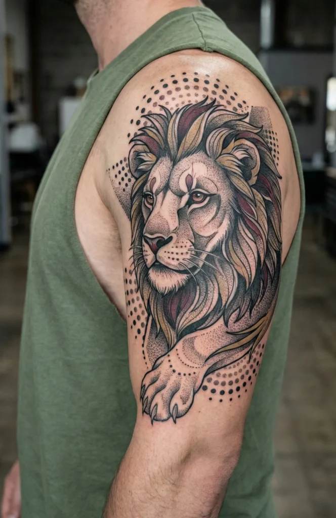 Neo Traditional Lion Tattoo with Decorative Dot Accents
