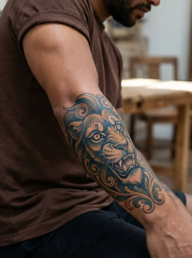 Neo Traditional Lion Tattoo with Dramatic Facial Expression