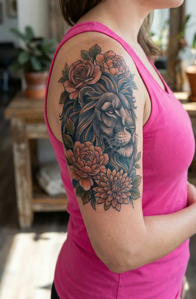 Neo Traditional Lion Tattoo with Floral Mane Accents