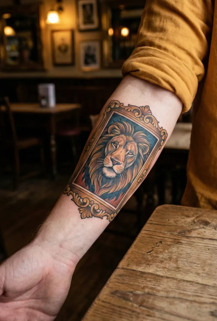 Neo Traditional Lion Tattoo with Framed Portrait Style