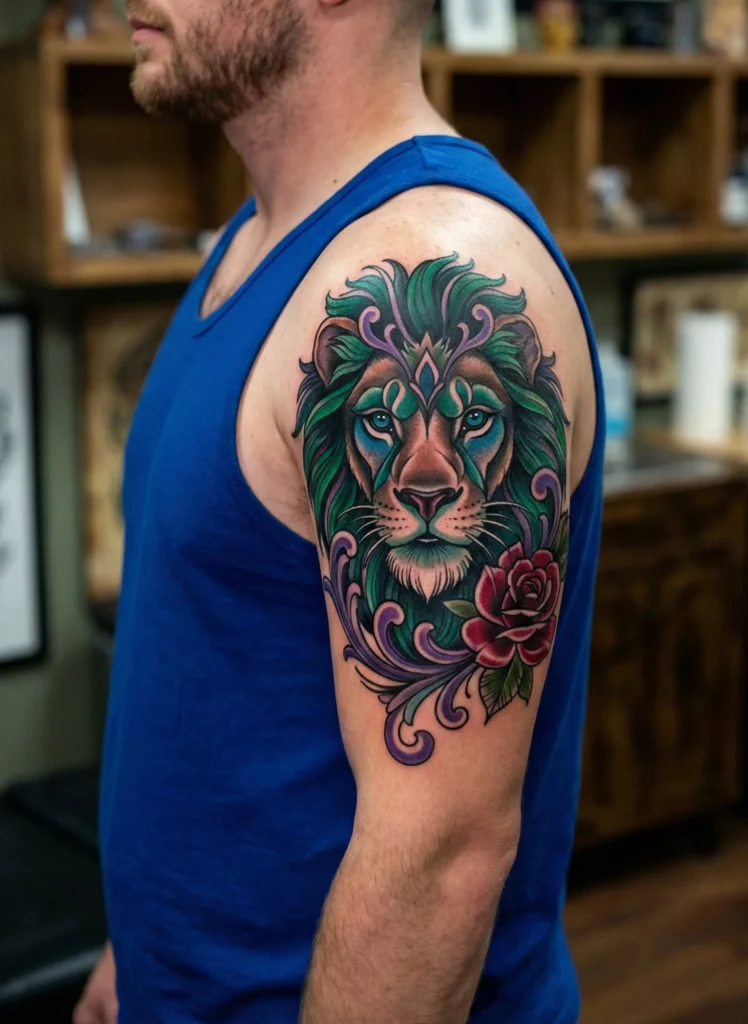 Neo Traditional Lion Tattoo with Jewel-Tone Color Palette