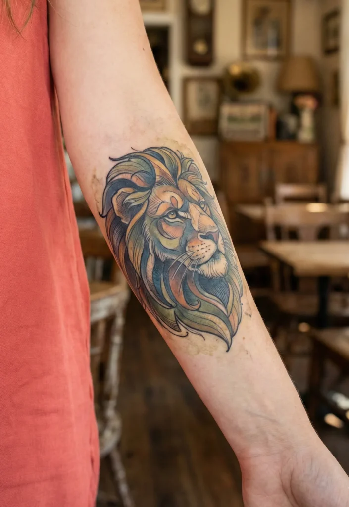 Neo Traditional Lion Tattoo with Modern Vintage Finish