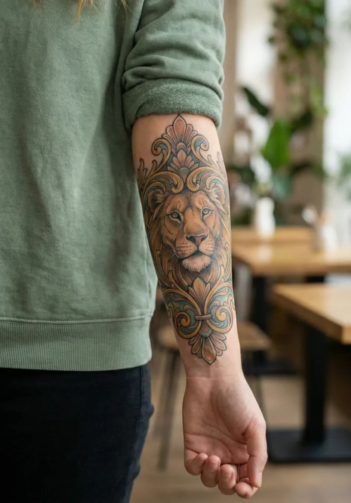 Neo Traditional Lion Tattoo with Ornamental Frame Design