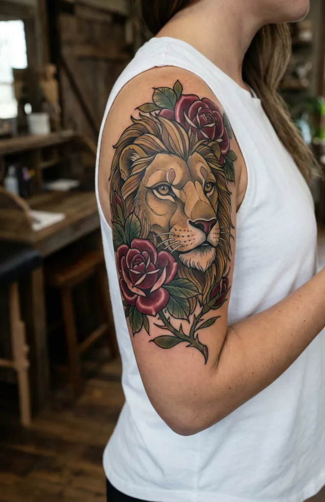 Neo Traditional Lion Tattoo with Rose and Leaf Elements
