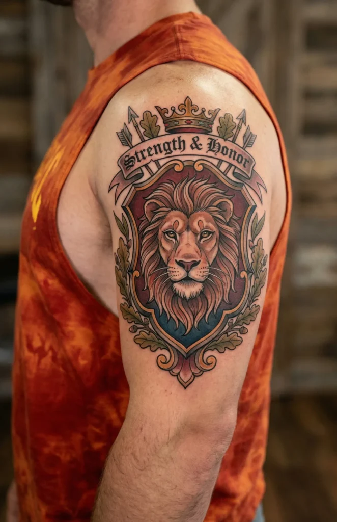 Neo Traditional Lion Tattoo with Shield-Inspired Composition