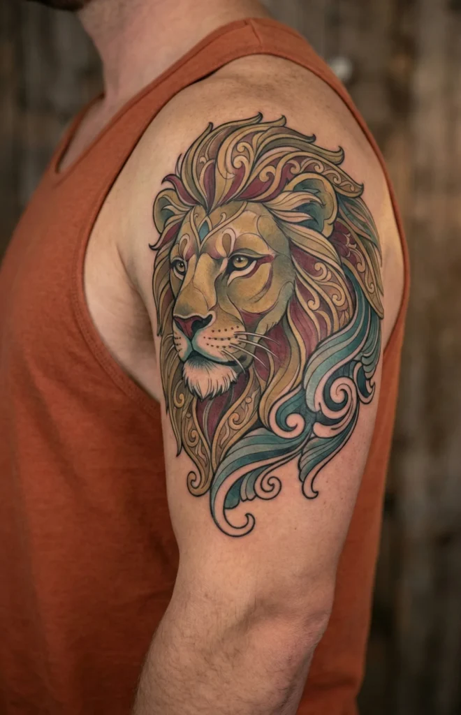 Neo Traditional Lion Tattoo with Stylized Mane Flow