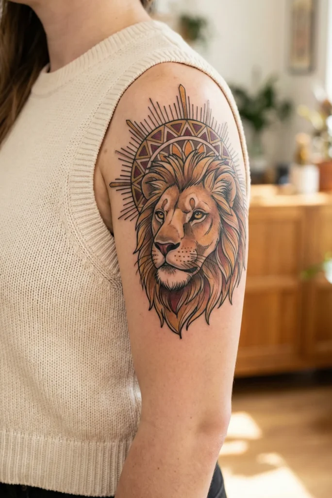 Neo Traditional Lion Tattoo with Sunburst Halo Design