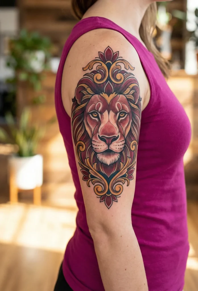 Neo Traditional Lion Tattoo with Symmetrical Artistic Balance