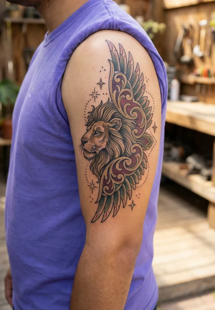 Neo Traditional Lion Tattoo with Winged Ornamental Touch