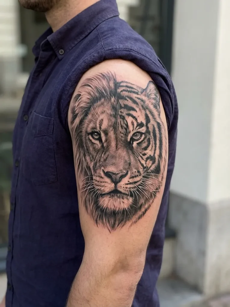 Realistic Half Lion Half Tiger Portrait
