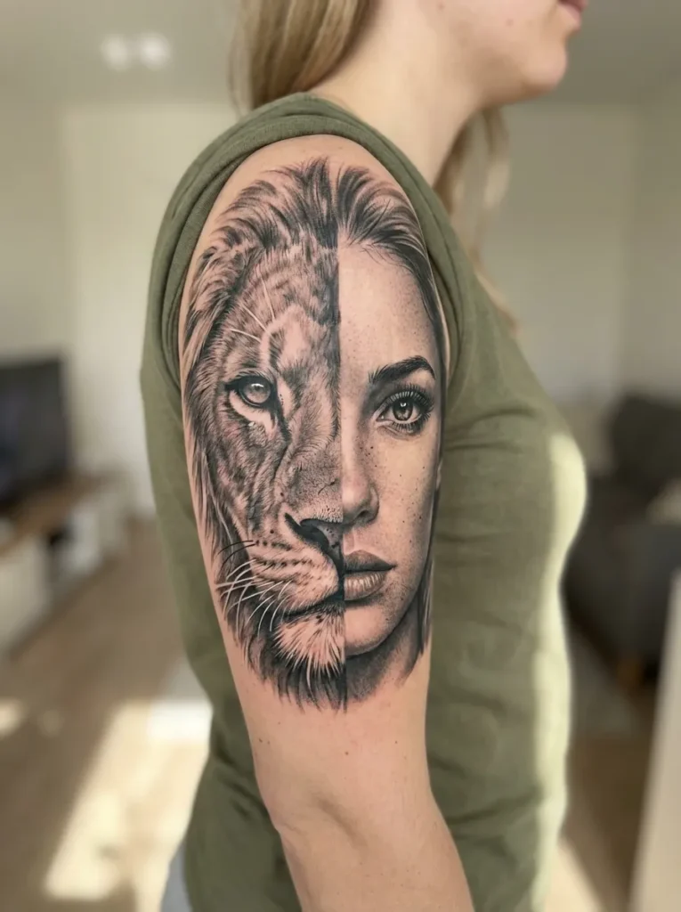 Realistic Half Lion Half Woman Portrait