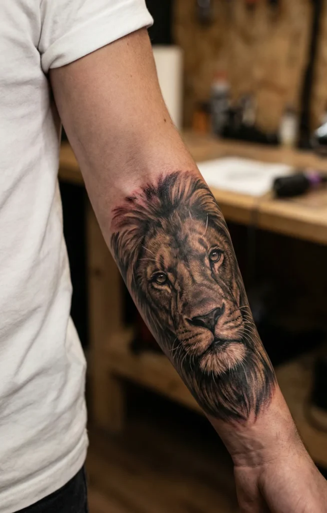 Realistic Lion Tattoo with Close-Up Portrait Style