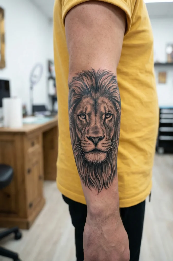 Realistic Lion Tattoo with Front-Facing Head Design