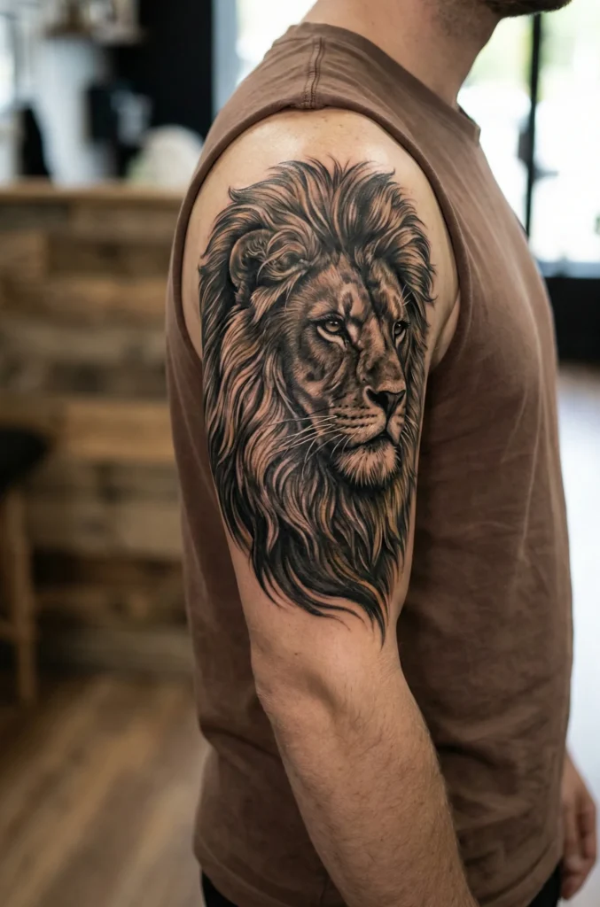 Realistic Lion Tattoo with Full Mane Emphasis