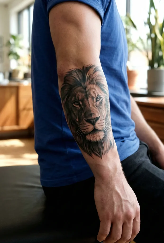 Realistic Lion Tattoo with Half-Shadow Half-Light Composition