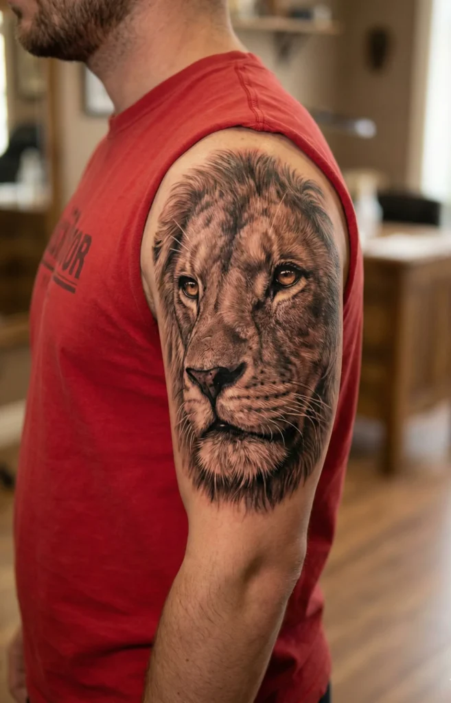 Realistic Lion Tattoo with Hyper-Detailed Facial Features