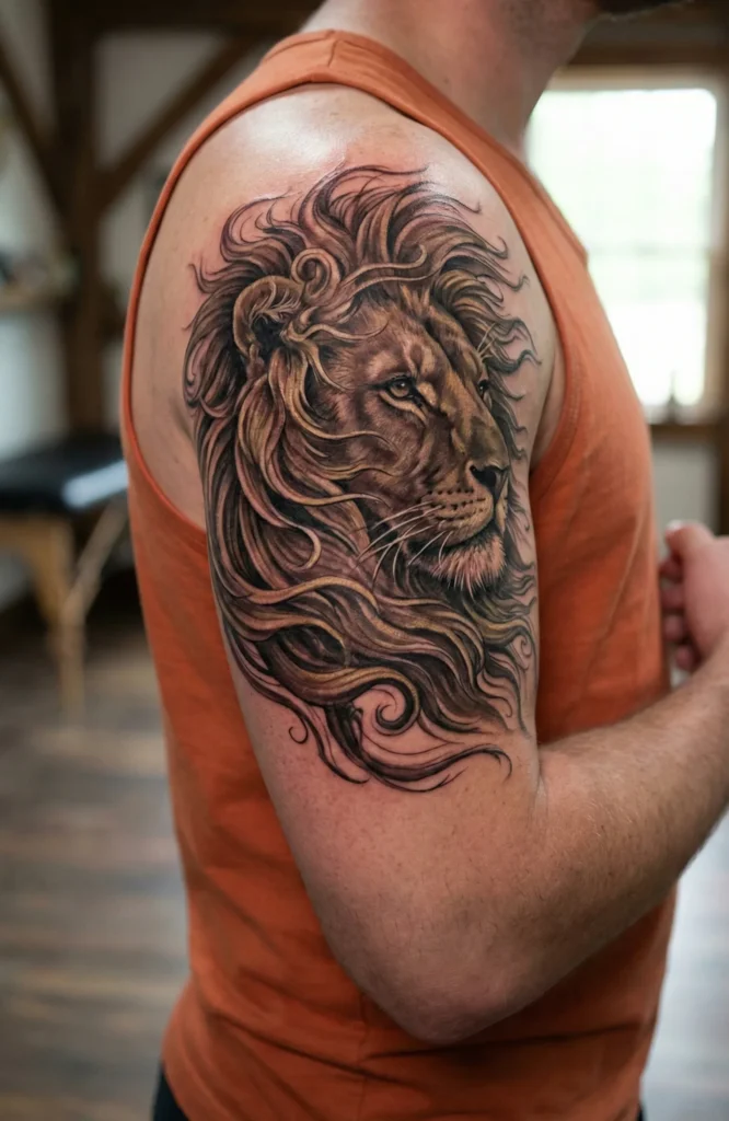 Realistic Lion Tattoo with Mane Flow in Motion