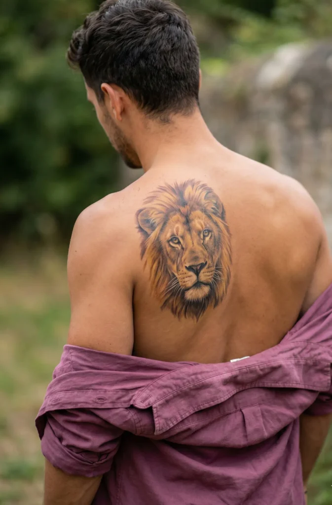 Realistic Lion Tattoo with Natural Depth-of-Field Blur
