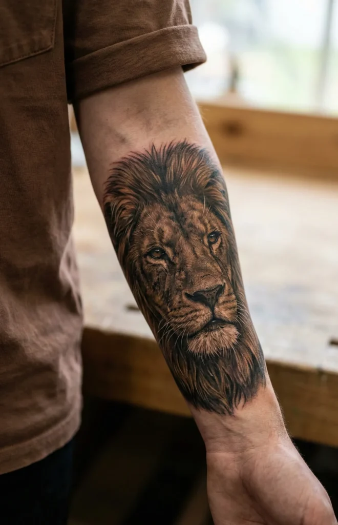 Realistic Lion Tattoo with Natural Texture Detailing