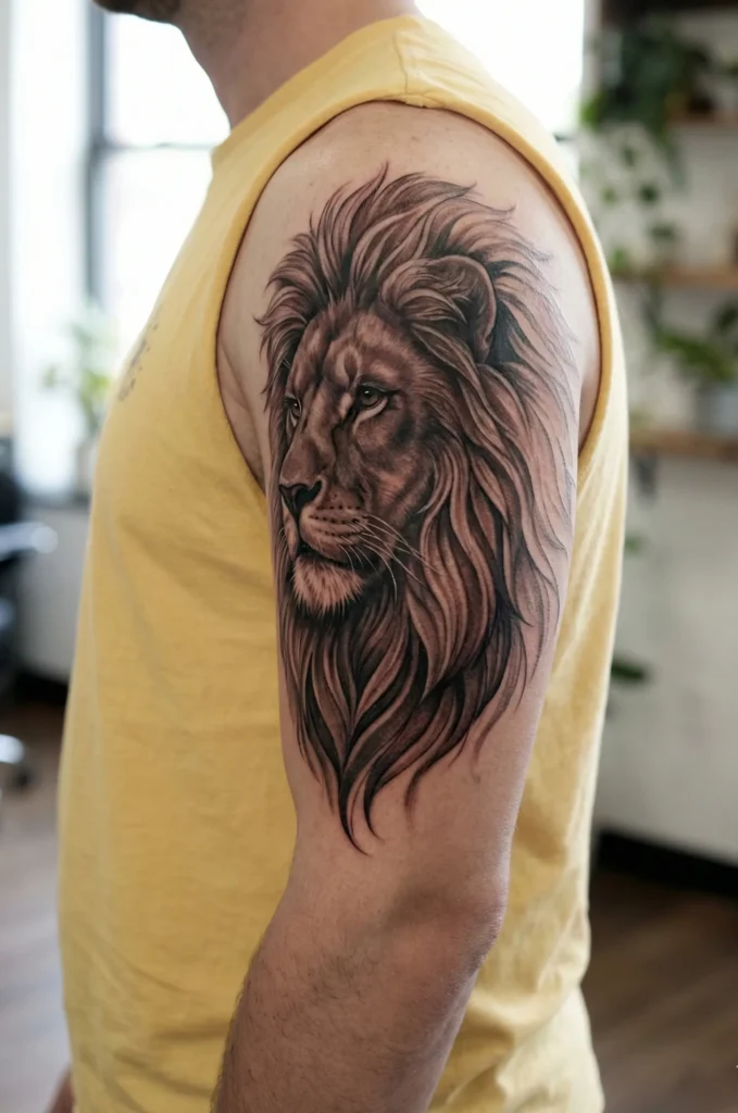 Realistic Lion Tattoo with Overlapping Mane Layers