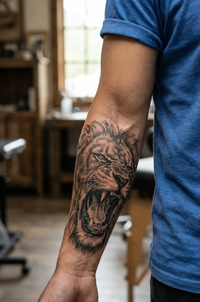 Realistic Lion Tattoo with Roaring Expression