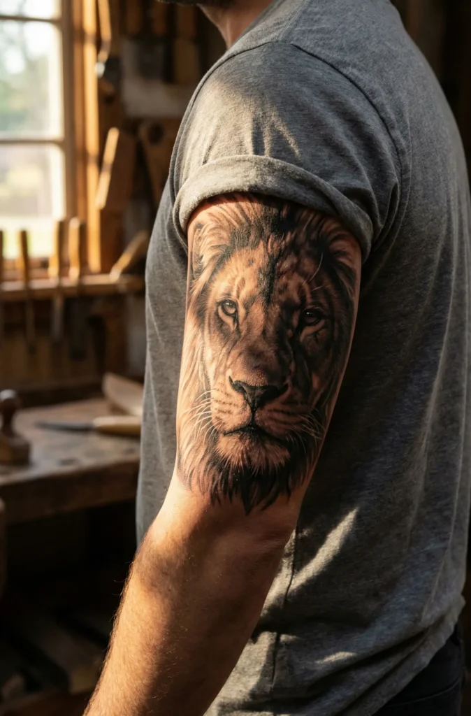 Realistic Lion Tattoo with Side-Lit Face Shadowing