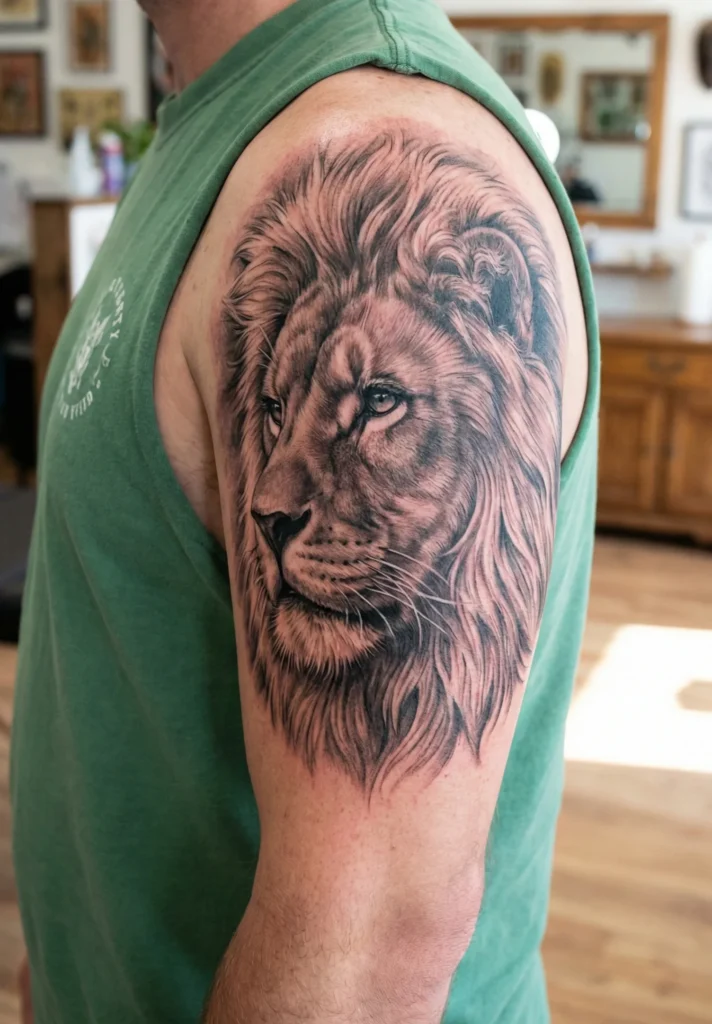 Realistic Lion Tattoo with Soft Fur Texture Shading
