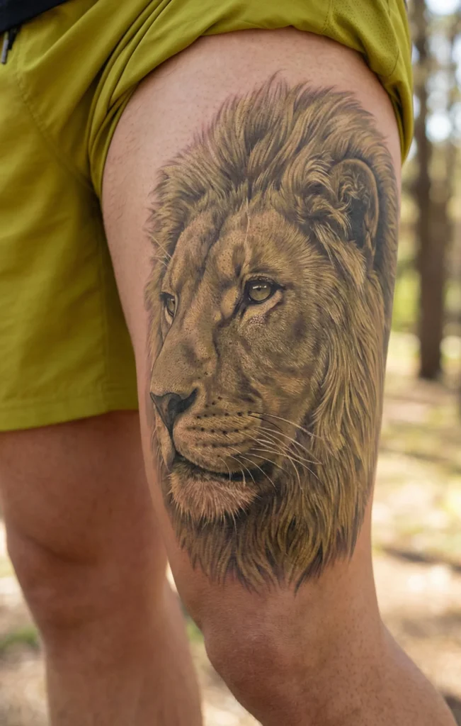 Realistic Lion Tattoo with Textured Skin and Fur Contrast