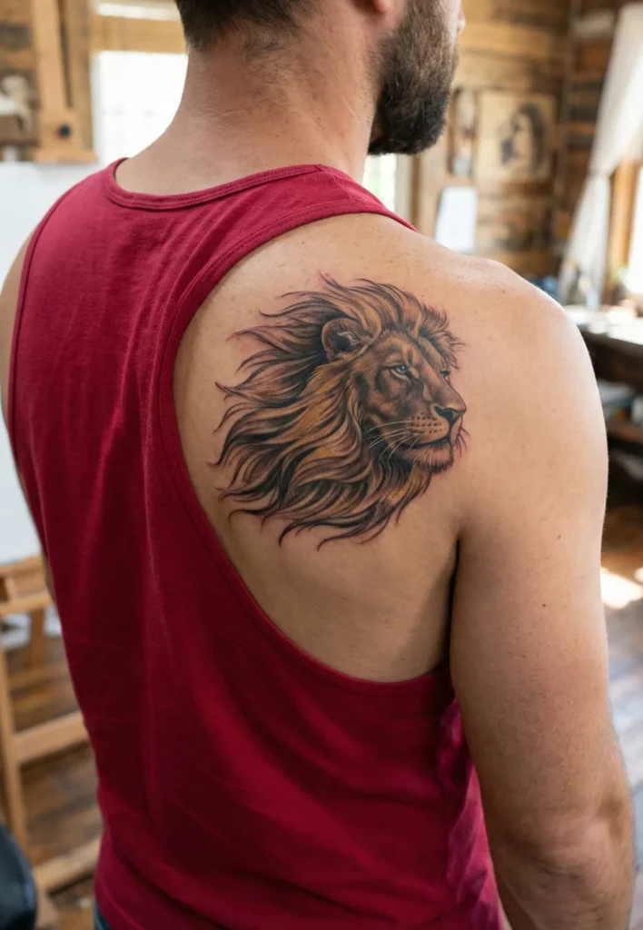 Realistic Lion Tattoo with Wind-Swept Mane Effect
