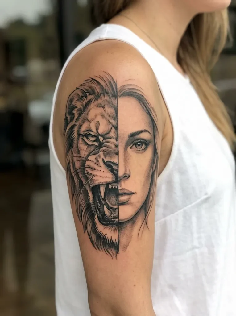 Roaring Lion Half Face with Woman Half Face