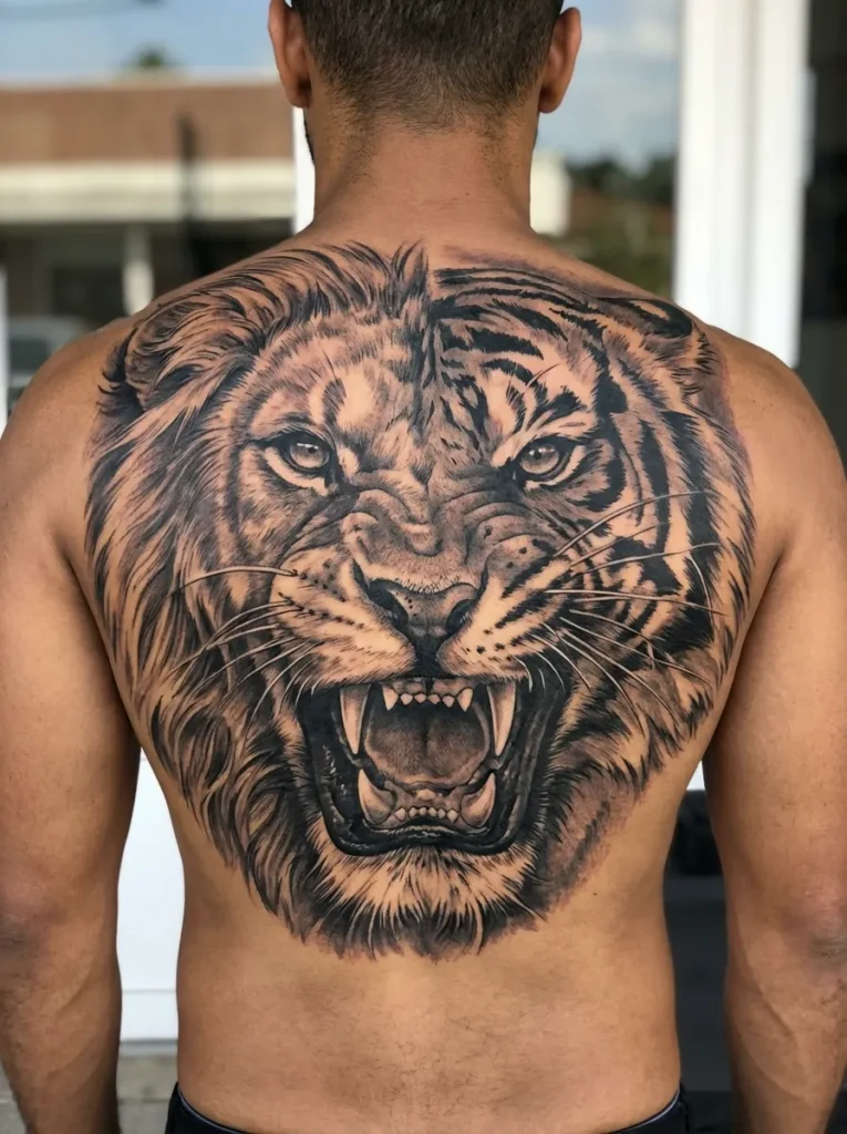 Roaring Lion and Tiger Fusion Tattoo
