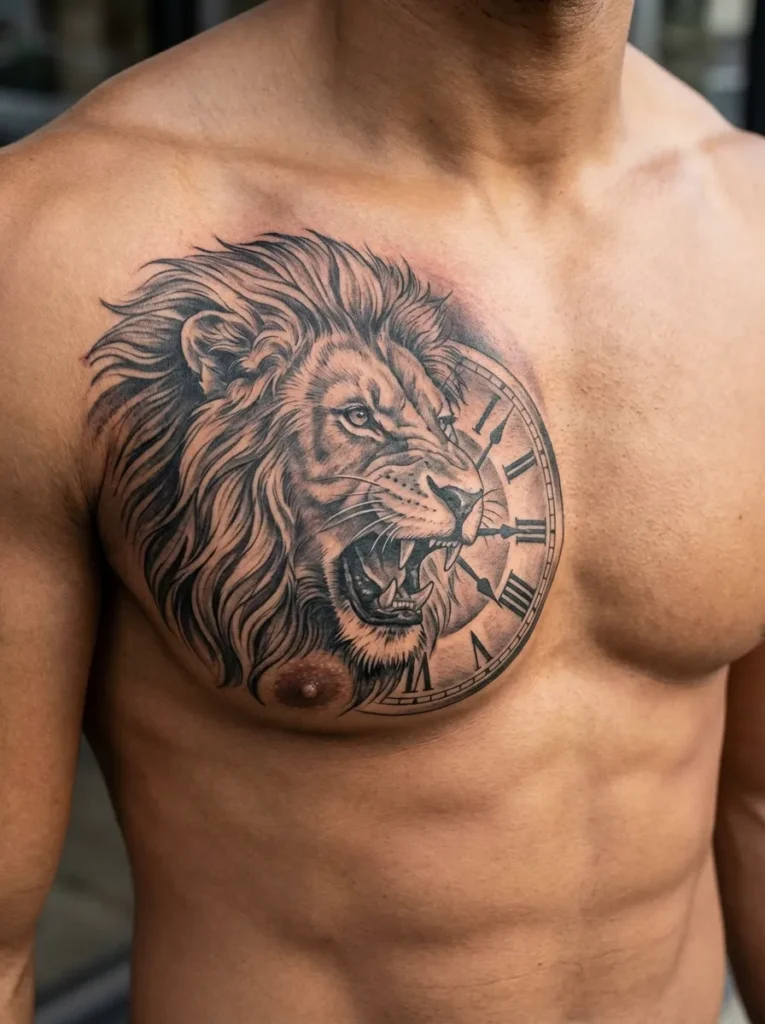 Roaring Lion with Clock and Roman Numerals