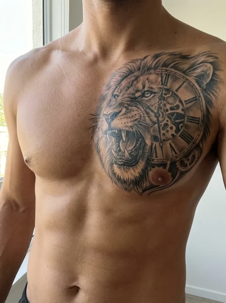 Roaring Lion with Clock on Chest Tattoo