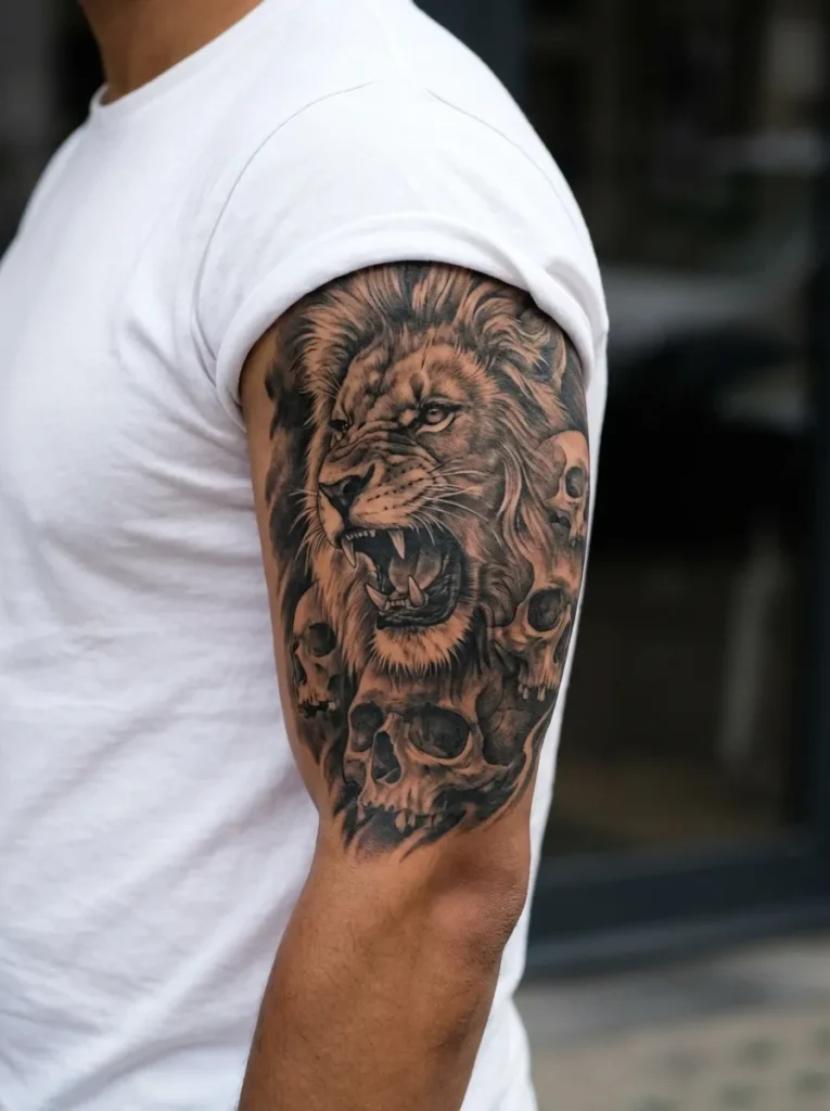 Roaring Lion with Skull Background