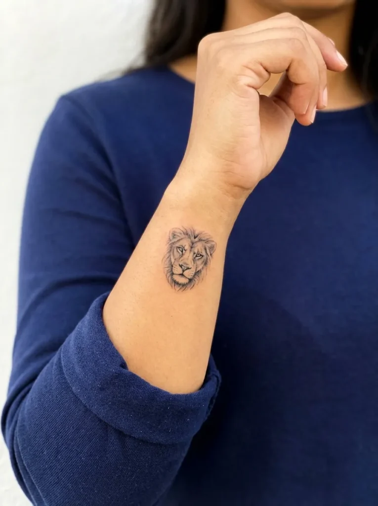 Small Lion Face Wrist Tattoo