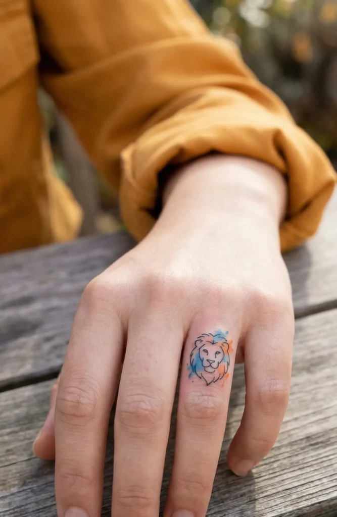 Tiny Watercolor Accent Lion Finger Tattoo