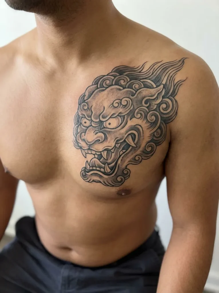 Traditional Japanese Lion (Shishi) Head Tattoo