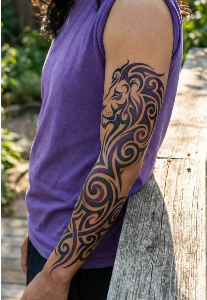 Tribal Lion Tattoo with Abstract Tribal Curves