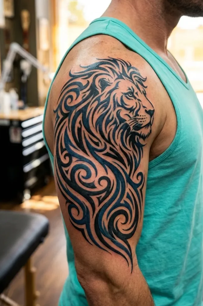 Tribal Lion Tattoo with Dynamic Tribal Flow