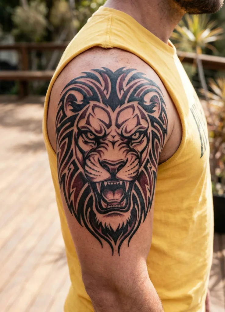 Tribal Lion Tattoo with Fierce Face Design