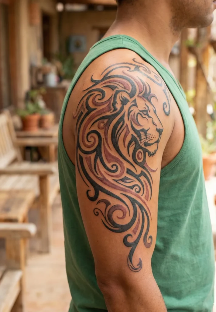 Tribal Lion Tattoo with Flowing Mane Motifs