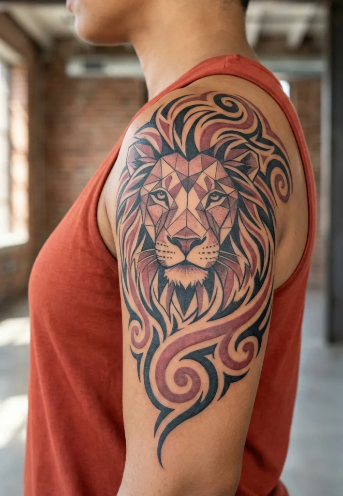 Tribal Lion Tattoo with Geometric Tribal Fusion