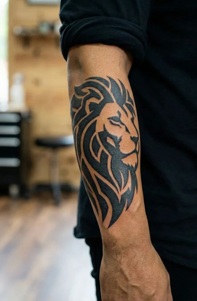 Tribal Lion Tattoo with Heavy Black Ink Fill