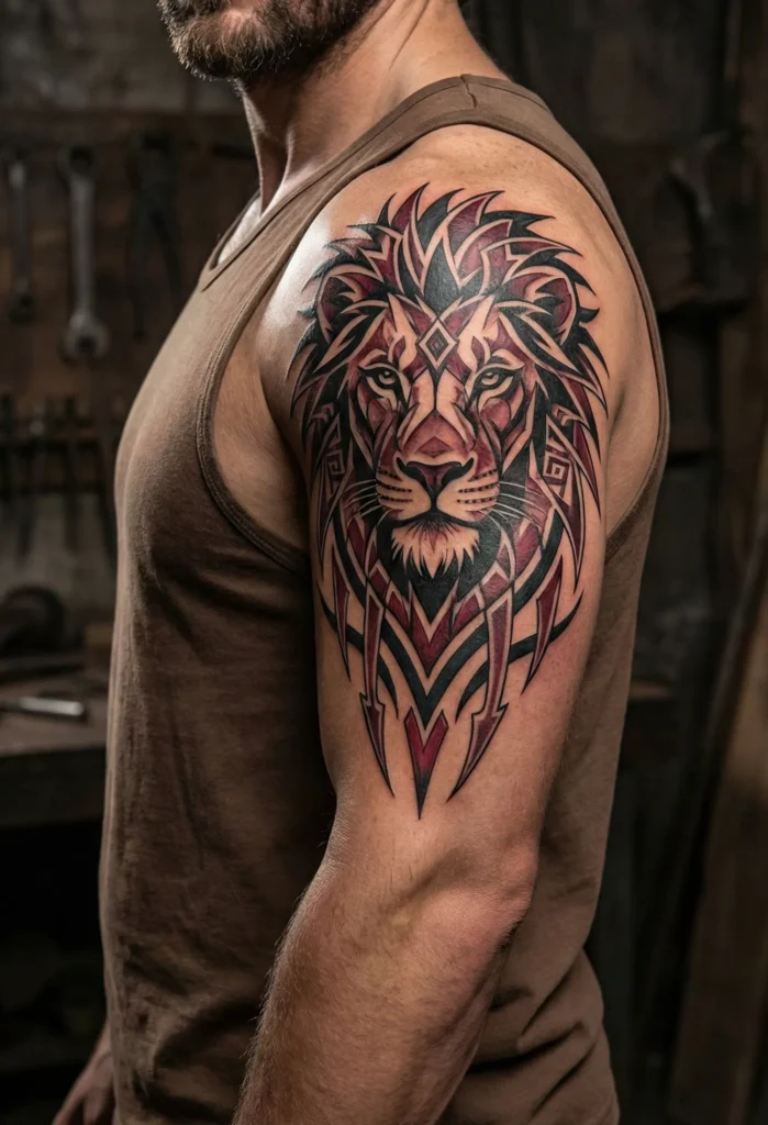 Tribal Lion Tattoo with Sharp Angular Detailing