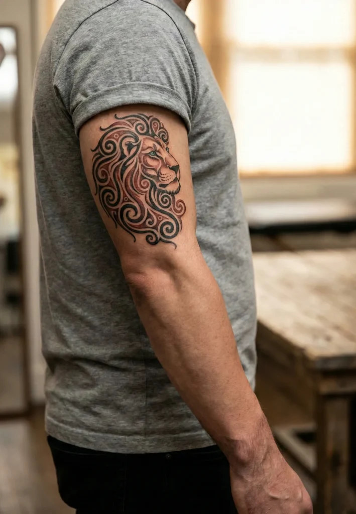 Tribal Lion Tattoo with Spiral Mane Elements