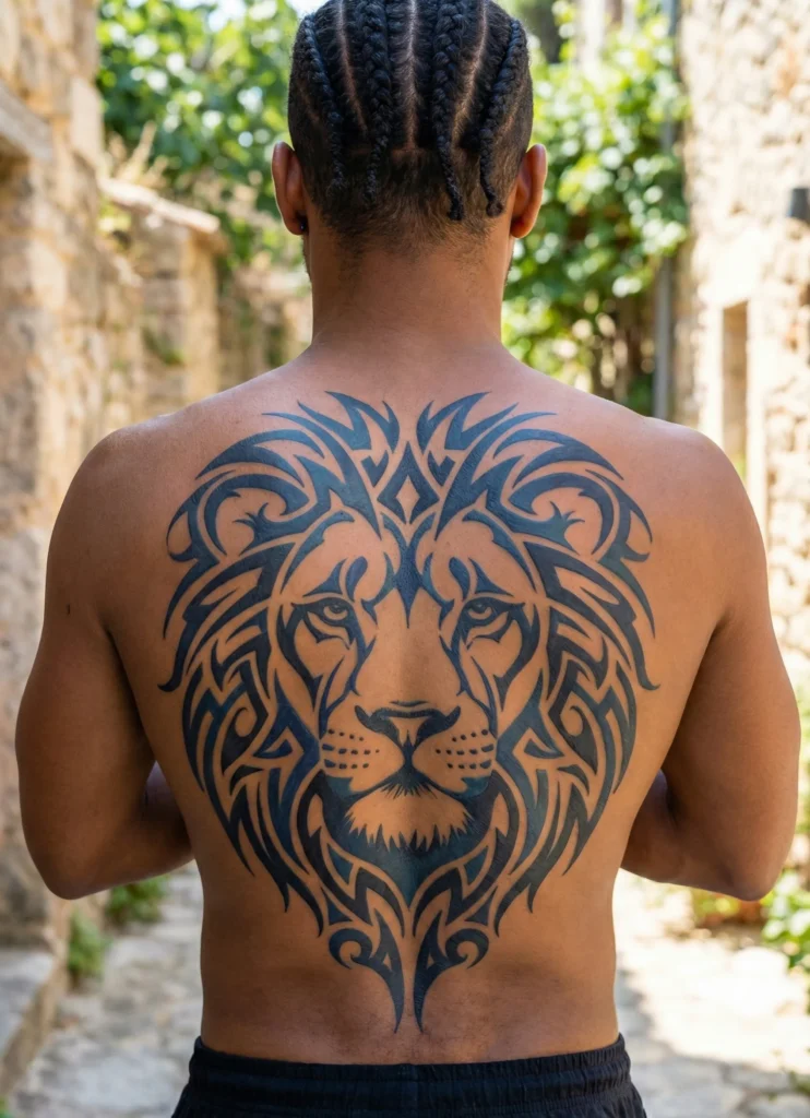 Tribal Lion Tattoo with Symmetrical Tribal Shapes